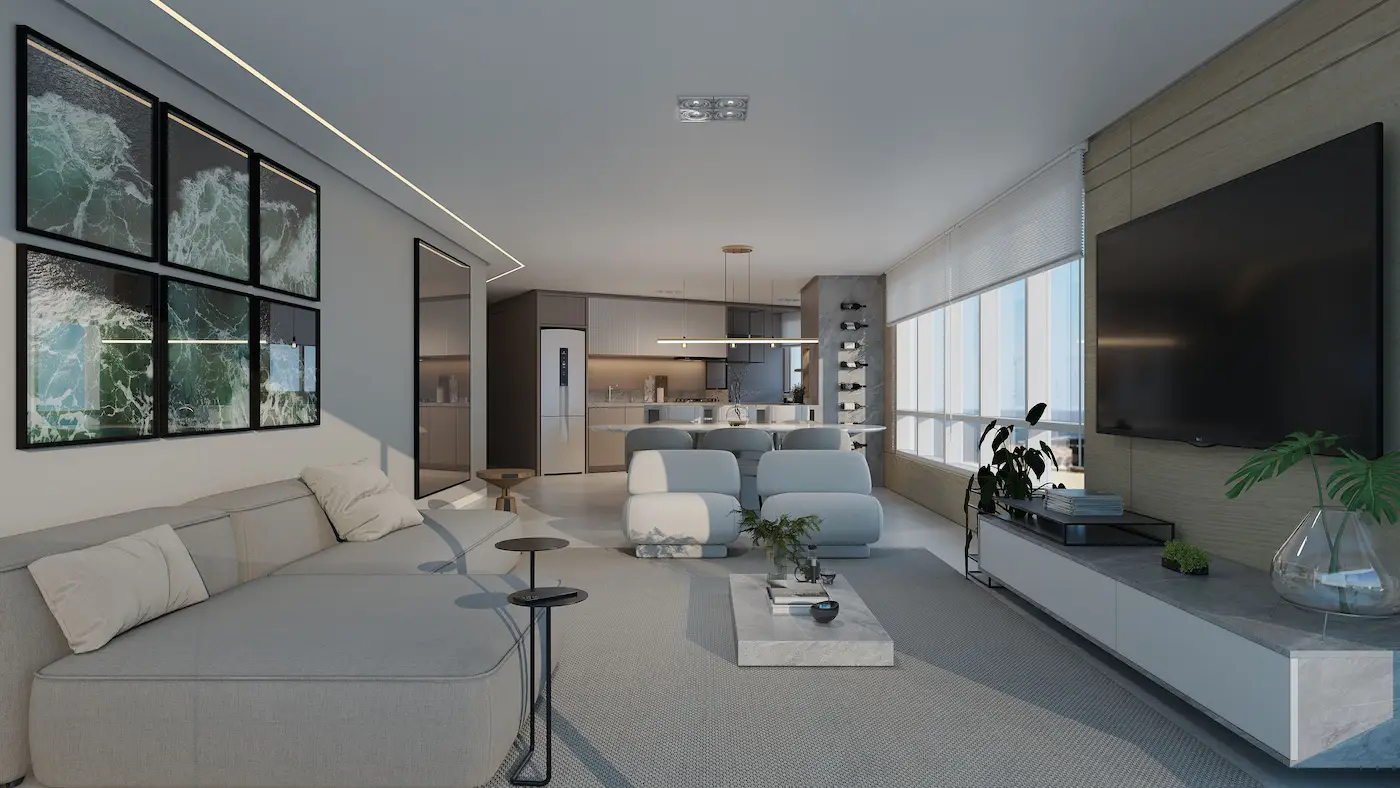 Living amplo com vidros Habitat e vista para o mar
